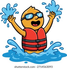 This vector shows a joyful cartoon character wearing sunglasses and a life jacket playing and splashing water in a pool or lake. The scene is fun and energetic.