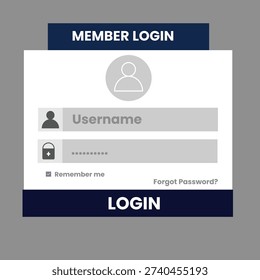 This vector shows a member login page with a simple and clean design. The page features a username and password field, as well as options to remember the user and recover a forgotten password. The background is a neutral gray color, which helps to focus attention on the login form. The vector is relevant to topics such as online security, authentication, and user interface design.