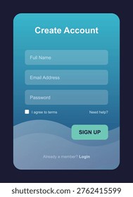 This vector shows a mobile app screen with a sign up form to create an account. The form includes fields for full name, email address, and password, as well as a checkbox to agree to terms and a button to sign up. The background is a gradient of blue and green colors, with a dark border around the screen. The design is modern, minimal, and clean, with a focus on simplicity and ease of use.