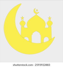 This vector shows a mosque with a large dome in the center and two minarets on the sides, each with a star at the top. This mosque is surrounded by a large crescent moon