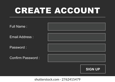 This vector shows a person creating an account on a website with a sign up form. The form has fields for full name, email address, password, and confirm password. The background is dark and the design is modern and sleek. The vector can be used to represent online registration, user authentication, and digital security.