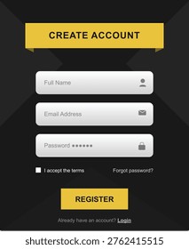 This vector shows a person creating an account on a website with a registration form. The form includes fields for full name, email address, and password, as well as a checkbox to accept the terms and a button to register. The background is black with a yellow banner at the top and a yellow button at the bottom. The vector represents the process of signing up for a new account online.