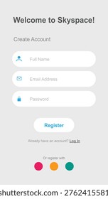 This vector shows a person registering for an account on a website with a simple sign up form. The form has fields for full name, email address, and password, as well as a button to register. The background is a clean and minimalistic design, with a focus on the form and the call to action. The vector is relevant for topics related to online registration, account creation, and user interface design.