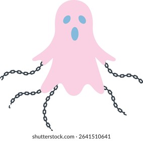 This vector shows a pink ghost with blue eyes and mouth, floating and attached to dark chains, creating a spooky Halloween vibe and playful atmosphere.