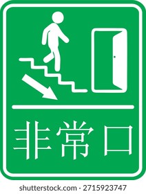 This vector shows a portrait-oriented emergency exit sign with a green background and white pictograms. It depicts a person moving down stairs toward an open door, with an arrow indicating the direction of evacuation. The Kanji characters “非常口” mean “Emergency Exit.” This sign is used to guide people to a safe evacuation route during emergencies such as fires or power failures. Printable for a sticker or acrylic sign board.