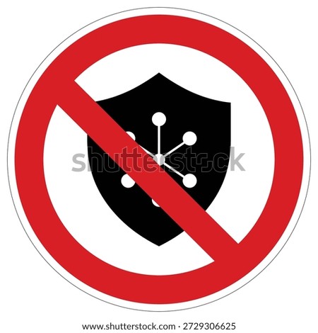 This vector shows a prohibition sign featuring a shield and network symbol, representing no network protection or unsecured connection areas.