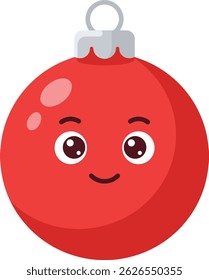 This vector shows a red Christmas bauble with a happy smiling face and silver hanging cap, perfect for holiday festive designs and joyful celebrations. Cheerful mood.