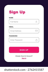 This vector shows a registration form with a prominent pink sign up button on a dark background. The form has fields for name, email, and password, and is presented in a clean and modern design. The vector could be used to illustrate concepts related to user account creation, online registration, or digital technology.