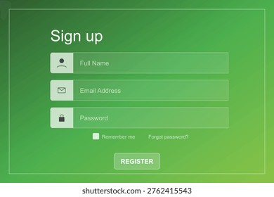 This vector shows a sign up form on a website with a green background and white text. The form has fields for full name, email address, and password, as well as a button to register. The design is modern and sleek, with a clean and simple user interface. The vector is relevant to topics such as online registration, user authentication, and website design.