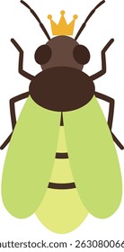 This vector shows a simple fly insect with light green wings and a golden crown on its head, set on a plain background, evoking a playful and whimsical mood.
