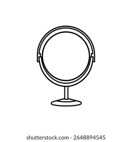 This vector shows a simple, outlined round vanity mirror with a stand and circular base, great for beauty or grooming concepts. Isolated with a transparent background.