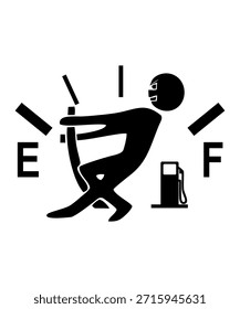 This vector shows a simple, portrait-oriented low fuel warning icon with bold, clear pictograms. It depicts a human figure pulling a fuel gauge needle with a fuel pump icon and Empty–Full markings. The black-and-white design ensures high contrast and easy recognition, making it suitable for dashboards, apps, stickers, decals, and printed signage.