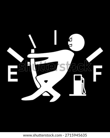 This vector shows a simple, portrait-oriented low fuel warning icon with bold, clear pictograms. It depicts a human figure pulling a fuel gauge needle with a fuel pump icon and Empty–Full markings. The black-and-white design ensures high contrast and easy recognition, making it suitable for dashboards, apps, stickers, decals, and printed signage.