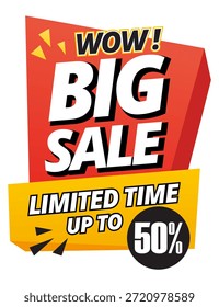 Este Vector muestra un sencillo Anuncio de venta promocional con texto en negrita que dice “¡WOW! GRAN VENTA” y “TIEMPO LIMITADO HASTA EL 50%”. Utiliza colores rojo brillante, amarillo, negro y blanco, junto con un diseño limpio y plano, para llamar la atención. Esta Ilustración vectorial es adecuada para promociones de ventas, publicidad, comercio electrónico y materiales de marketing. Se puede utilizar para Anuncios de Sitio web, publicaciones en redes sociales, carteles, pegatinas y otros diseños imprimibles.