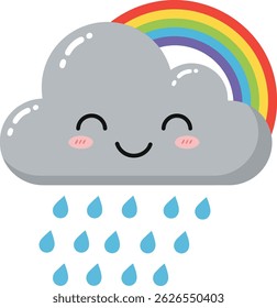 This vector shows a smiling gray cloud raining blue drops with a vibrant rainbow behind it, symbolizing changing weather and natures beauty in a cheerful style.