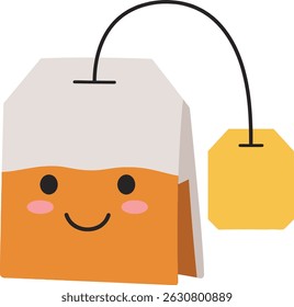 This vector shows a smiling tea bag with an attached tag in a simple, cheerful cartoon style, creating a friendly and playful mood.