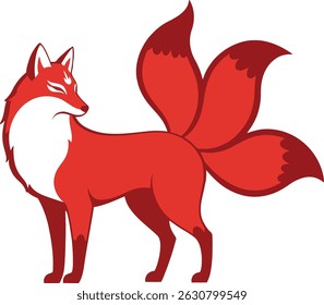 This vector shows a stylized red fox with multiple tails standing gracefully on a white background. The design features bold red and white colors in a flat style. Calm and creative.