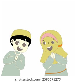 This vector shows two little children, a boy and a girl, who are smiling and clasping their hands in front of their chests, as if greeting.