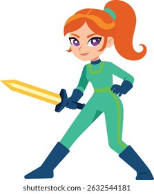 Este Vector muestra a una joven guerrera con un traje verde sosteniendo una espada, de pie en una pose lista para la batalla con determinación y fuerza. Sentimiento enérgico y audaz.