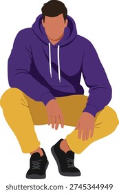 This vector shows a young man squatting down wearing a purple hoodie and mustard pants with black shoes, conveying a relaxed and casual mood.
