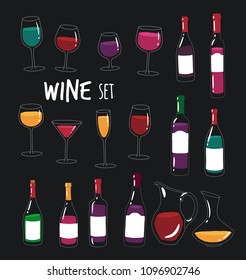 This are vector silhouette bottles and glasses of wine you can use in the menu, in the shop, in the bar, the wine card or stickers.