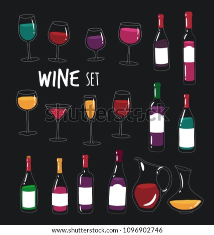 This are vector silhouette bottles and glasses of wine you can use in the menu, in the shop, in the bar, the wine card or stickers.