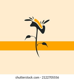 This is the vector of a silhouette of a stylized flower with a yellow heart against the background of a strip. This is for pattern, template, pictures, postcards, logo, illustration