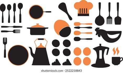 This vector silhouettes with colors illustration collection of kitchen and dining icons