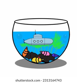 this is a vector of a small submarine in an aquarium