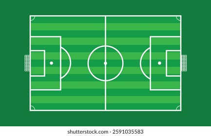 This vector soccer field in flat style emphasizes simplicity, with bold lines and geometric shapes that give a contemporary feel to the artwork.