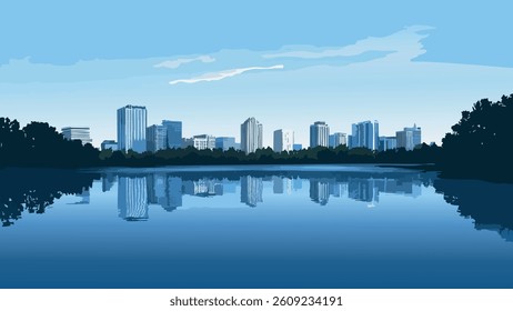 This vector style illustration captures the dynamic skyline of Orlando, Florida, with iconic skyscrapers, vibrant lights, and the distinct energy of the city.