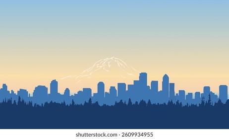 This vector style illustration captures the grandeur of Mt. Rainier's towering presence against a dynamic skyline backdrop. 