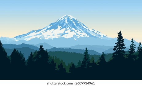 This vector style illustration captures the grandeur of Mt. Rainier's towering presence against a dynamic skyline backdrop