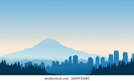 This vector style illustration captures the grandeur of Mt. Rainier's towering presence against a dynamic skyline backdrop