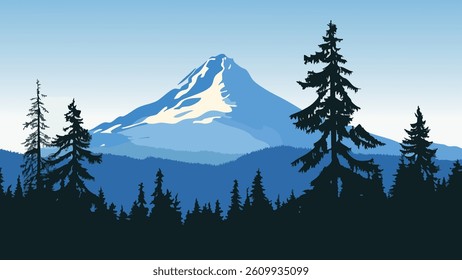 This vector style illustration depicts the breathtaking skyline of Mount Hood, located in Oregon