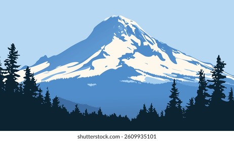 This vector style illustration depicts the breathtaking skyline of Mount Hood, located in Oregon