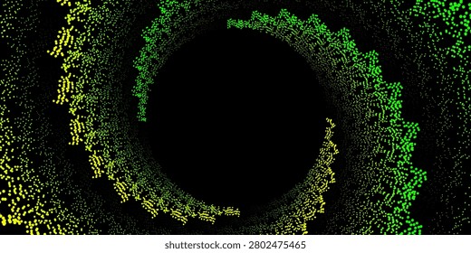This vector is suitable for websites, presentations, advertising, sport dsn. Abstract green and yellow particle spiral tunnel background with copy space