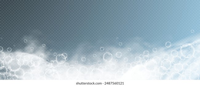 This vector template shows a bath foam with shampoo bubbles isolated on a transparent background. It can be used for advertising purposes. Mousse bath foam.