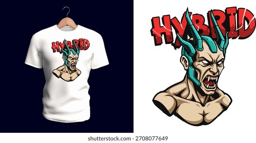 Dieses Vektor-T-Shirt-Design zeigt eine schnarchende Hybridkreatur mit türkisfarbenem Haar, gezähmtem Mund und muskulösem Oberkörper. Illustriert mit fetten Linien, beigen Hauttönen und rotem Graffiti-Stil 