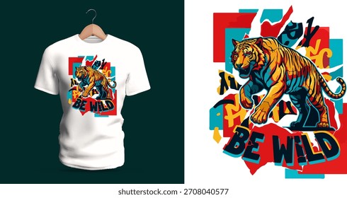 This vector T-shirt displays an action tiger with graffiti lettering “Be Wild.” Layered color blocks, dripping paint, bold splashes, sharp edges, and strong movement lines create a fierce 