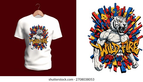 Dieses Vektor-T-Shirt zeigt einen heroischen Tigercharakter mit Graffiti-Schriftzeichen mit der Aufschrift "Wildfire". Explosive Hintergrundscherben, tropfende Akzente, kaputte Farbblöcke und aggressive Umrisse erzeugen ein f