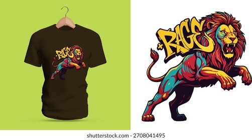 This vector T-shirt shows a charging lion paired with bold graffiti “Rage.” Explosive colors, sharp outlines, dripping accents, and dynamic movement create a fierce street-art composition full 