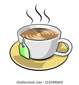 this is a vector of a warm cup of teabag, with a flat design and black outline