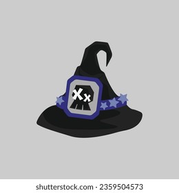 This vector is a witch hat shape with a pin on the witch hat using a skull shape and stars on the round of the hat. This vector uses shadows to make it more detailed.