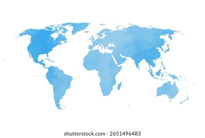 Este mapa de mundo vetorial apresenta uma bela textura de aquarela em vários tons de azul. Destaca continentes e oceanos, criando uma representação artística e moderna do globo.