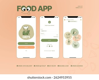 This vector-based screen pack includes a login page, signup option, and a unique onboarding screen with options like delivery, pickup, recipe search, and becoming a chef or courier.