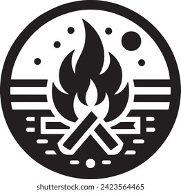 This vectorfeatures a bold, black and white emblem showcasing a stylized campfire with flames licking the air, set against a backdrop of horizontal lines and celestial bodies.