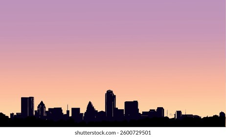 This vector-style illustration beautifully captures the Austin, Texas skyline at dusk. The colors of the evening sky subtly blend from deep blue to a warm, golden-orange hue