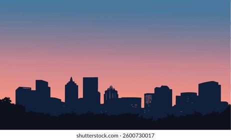 This vector-style illustration beautifully captures the Austin, Texas skyline at dusk. The colors of the evening sky subtly blend from deep blue to a warm, golden-orange hue
