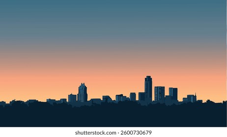 This vector-style illustration beautifully captures the Austin, Texas skyline at dusk